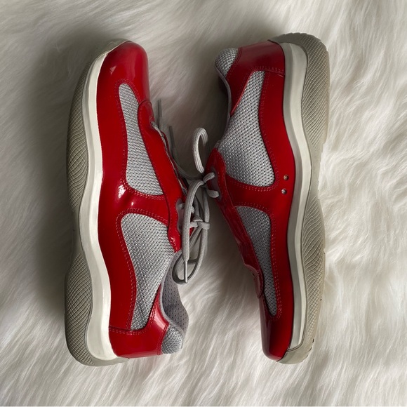 Prada America’s Cup Red Patent Leather & Silver Mesh Lace-Up Men’s Sneakers - Picture 6 of 16